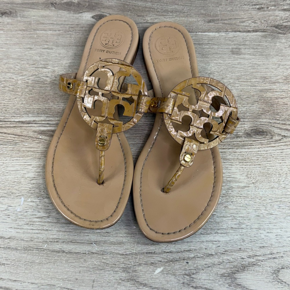 Tory Burch Miller Sandal Croco Embossed Tan Womens 9.5M